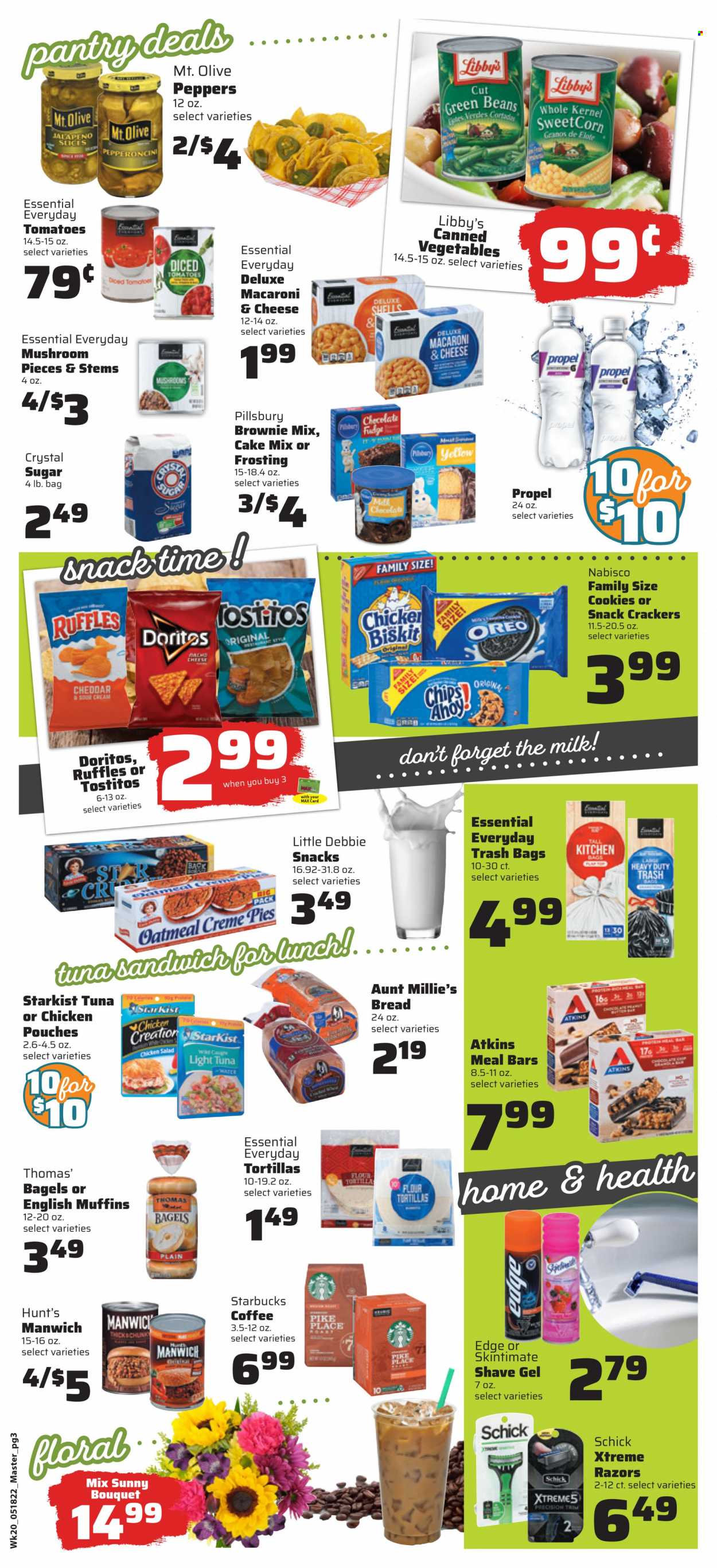 thumbnail - County Market Flyer - 05/18/2022 - 05/24/2022 - Sales products - mushrooms, bagels, bread, english muffins, tortillas, flour tortillas, brownie mix, cake mix, green beans, tomatoes, salad, jalapeño, tuna, StarKist, macaroni & cheese, sandwich, Pillsbury, chicken salad, Oreo, milk, cookies, crackers, Doritos, chips, Ruffles, Tostitos, frosting, sugar, oatmeal, canned vegetables, light tuna, Manwich, coffee, Starbucks. Page 3.