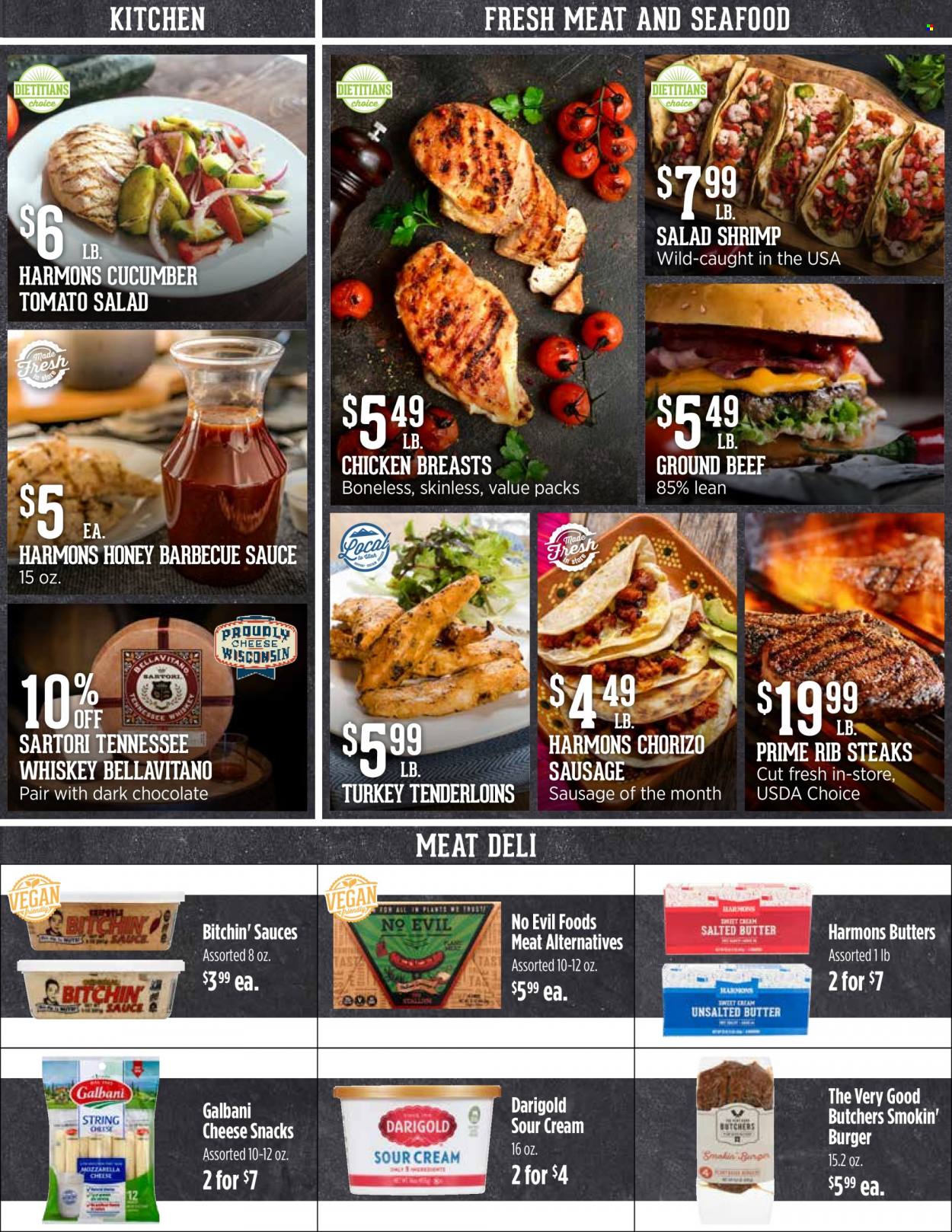 thumbnail - Harmons Flyer - 05/17/2022 - 05/23/2022 - Sales products - salad, seafood, shrimps, hamburger, chorizo, sausage, cheese, Galbani, BellaVitano, salted butter, sour cream, chocolate, snack, dark chocolate, BBQ sauce, honey, Tennessee Whiskey, whiskey, whisky, chicken breasts, turkey tenderloin, beef meat, ground beef, steak. Page 3.