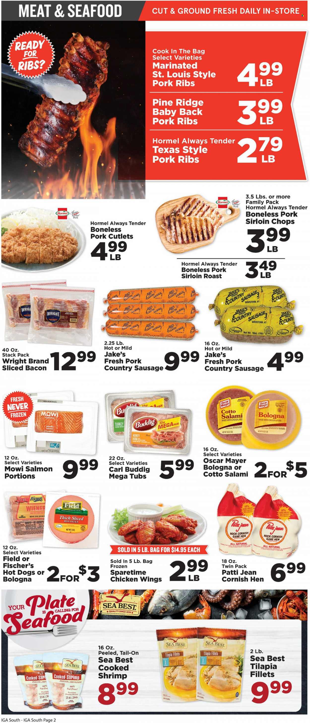 thumbnail - IGA Flyer - 05/18/2022 - 05/24/2022 - Sales products - salmon, tilapia, seafood, shrimps, hot dog, Hormel, bacon, salami, ham, bologna sausage, Oscar Mayer, sausage, chicken wings, honey, cornish hen, pork loin, pork meat, pork ribs, pork back ribs, plate. Page 2.