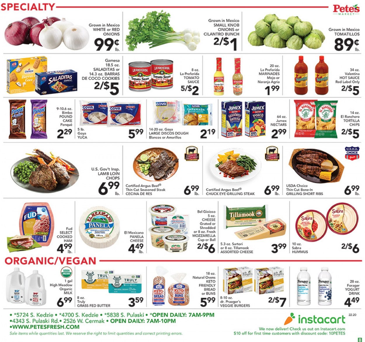 thumbnail - Pete's Fresh Market Flyer - 05/18/2022 - 05/24/2022 - Sales products - bread, buns, red onions, tomatillo, onion, sauce, veggie burger, hummus, mozzarella, cheese cup, cheese, Panela cheese, yoghurt, organic milk, yoghurt drink, butter, cookies, tortilla chips, chips, tomato sauce, Goya, cilantro, hot sauce, sake, TRULY, beef meat, steak, lamb loin, lamb meat. Page 10.