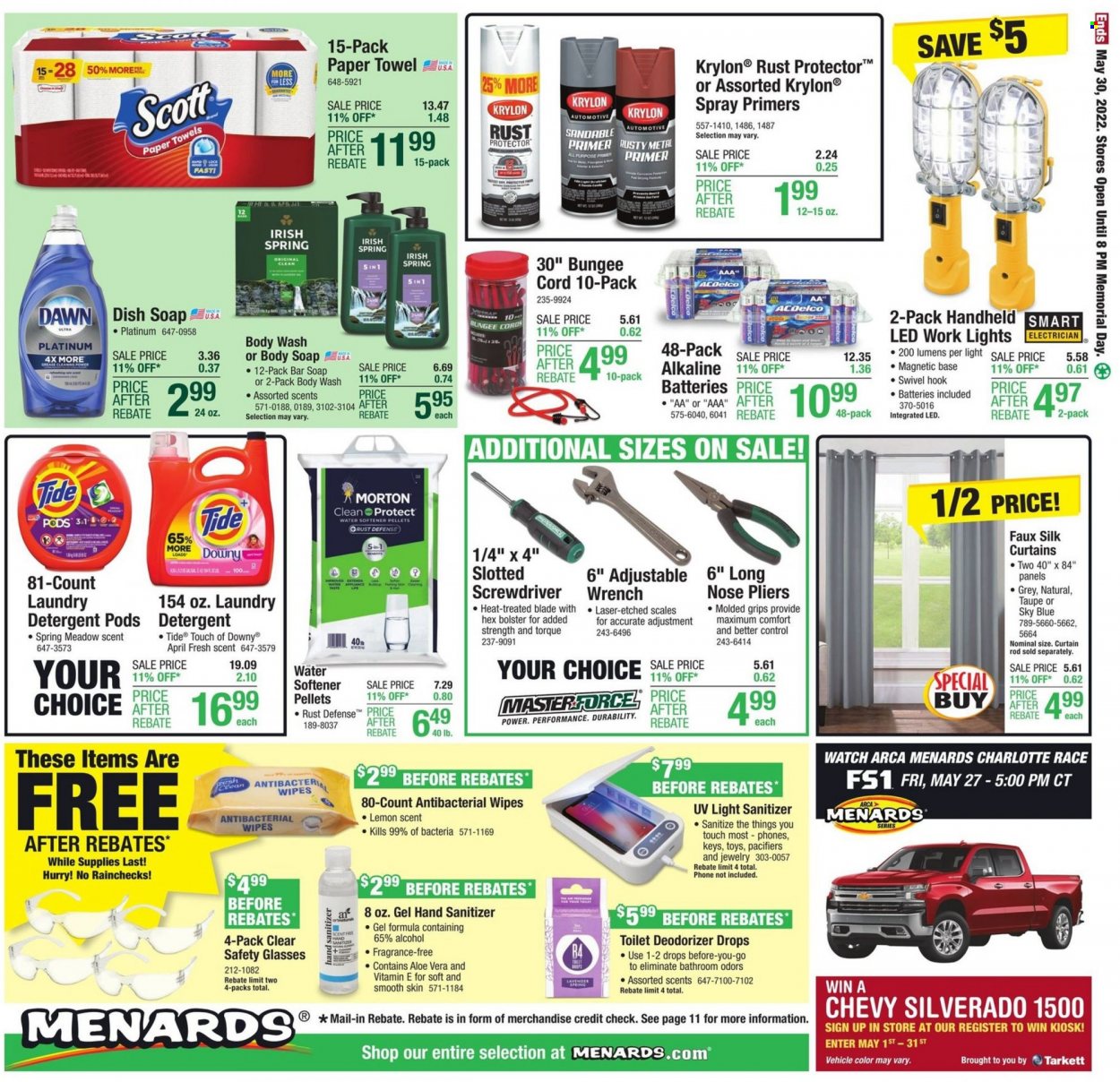 thumbnail - Menards Flyer - 05/18/2022 - 05/30/2022 - Sales products - toilet, Silk, detergent, wipes, Tide, fabric softener, laundry detergent, hand sanitizer, kitchen towels, curtain, Alpo, Scott, toys, vehicle, water softener, screwdriver, wrench, pliers, safety glasses, curtain rod. Page 17.
