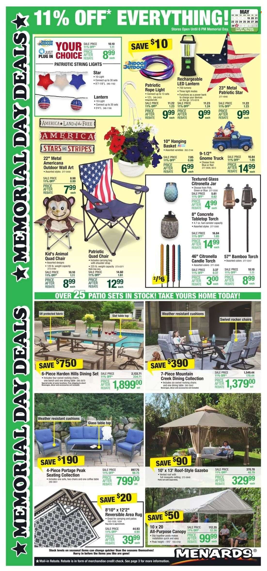 thumbnail - Menards Flyer - 05/18/2022 - 05/30/2022 - Sales products - bag, basket, canister, candle, cushion, Hill's, dining set, dining table, table, chair, bench, lantern, torch, rope light, string lights, rug, area rug, gazebo, strap. Page 1.