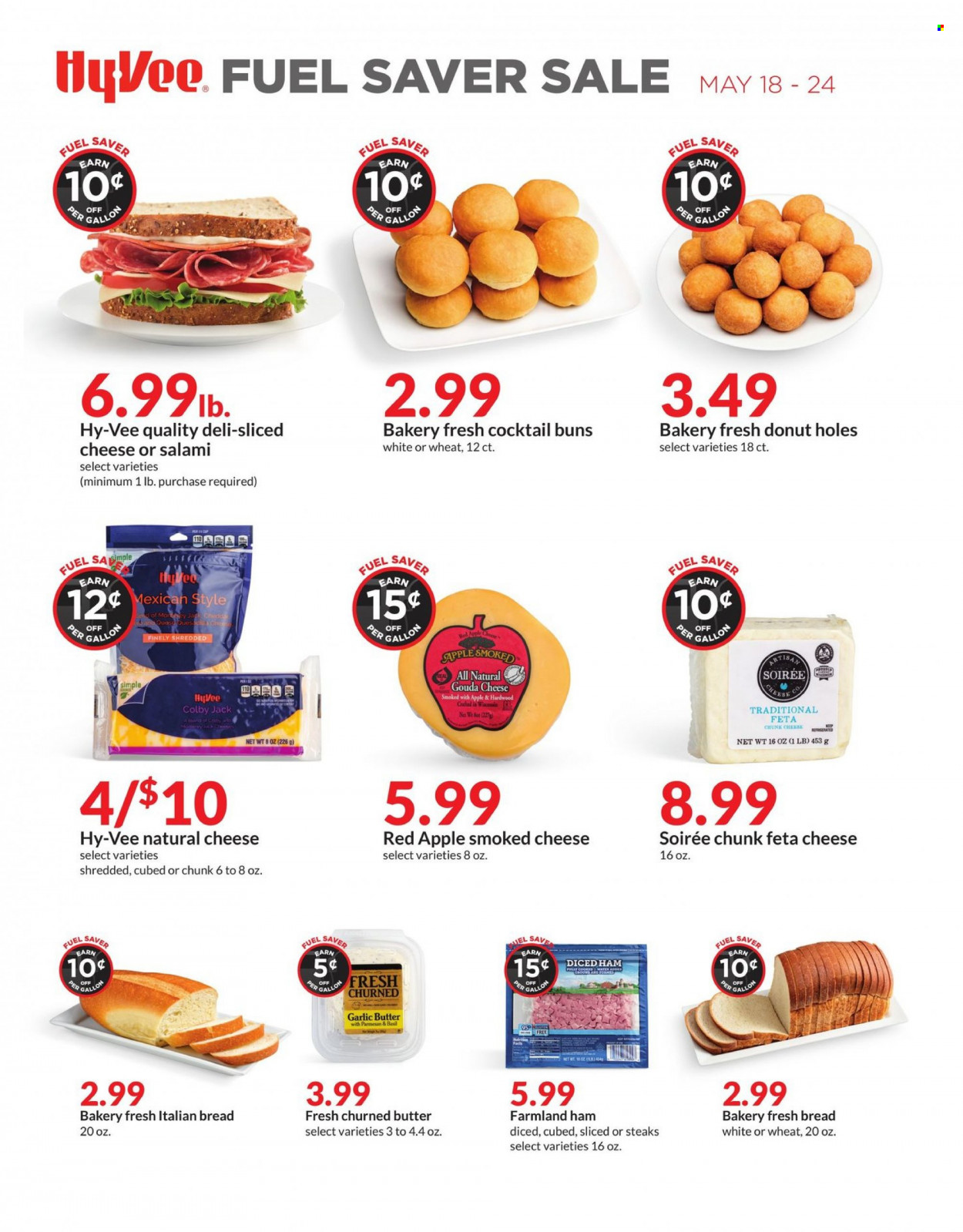 thumbnail - Hy-Vee Flyer - 05/18/2022 - 05/24/2022 - Sales products - bread, buns, donut holes, salami, ham, Colby cheese, gouda, sliced cheese, feta, butter, steak, hat. Page 2.