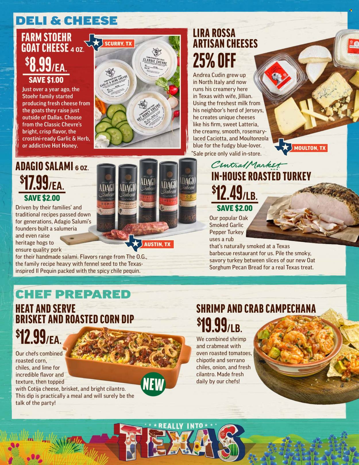 thumbnail - Central Market Flyer - 05/18/2022 - 05/24/2022 - Sales products - bread, tomatoes, crab meat, shrimps, brisket, salami, goat cheese, milk, cilantro, fennel, pepper, honey, turkey, nutritional supplement, roasted corn. Page 6.