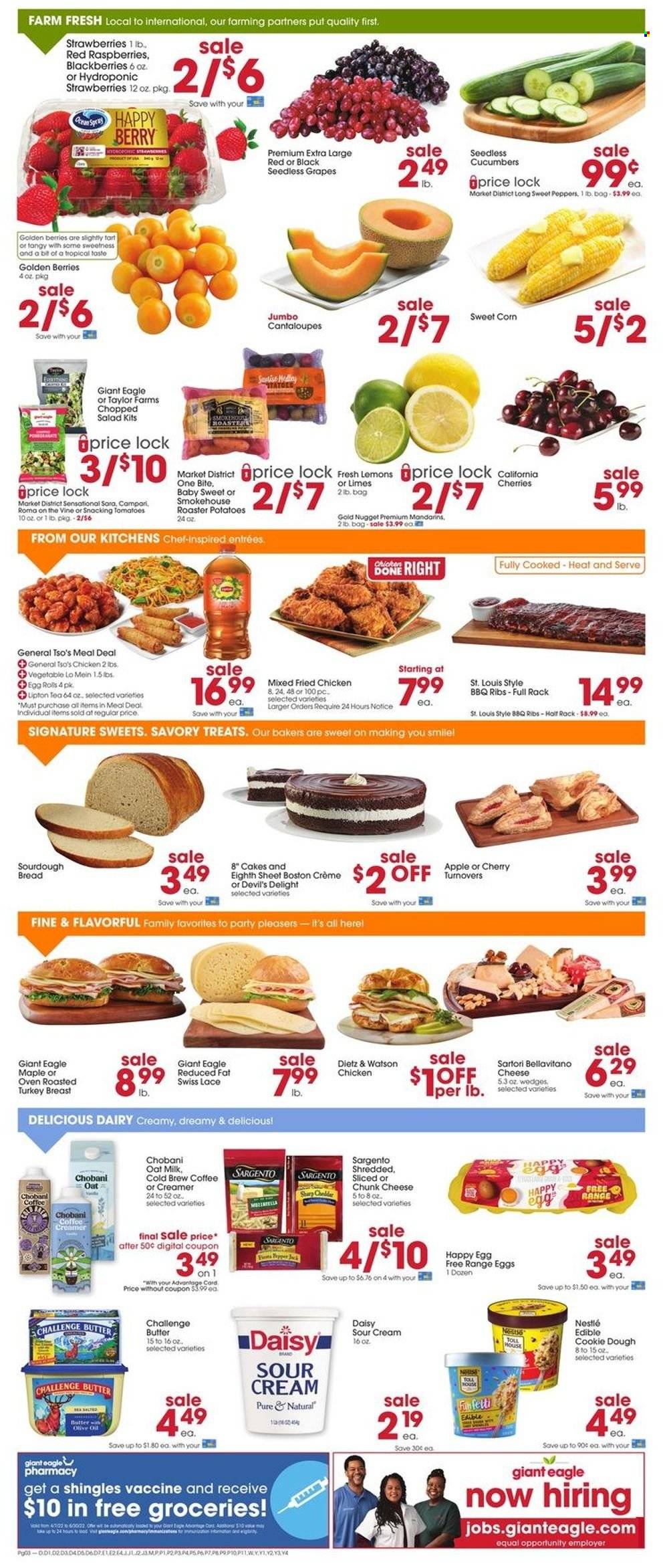 thumbnail - Giant Eagle Flyer - 05/19/2022 - 05/25/2022 - Sales products - bread, cake, tart, sourdough bread, turnovers, cantaloupe, corn, cucumber, tomatoes, potatoes, salad, sweet corn, chopped salad, grapes, limes, mandarines, seedless grapes, strawberries, egg rolls, fried chicken, Dietz & Watson, cheese, chunk cheese, Sargento, BellaVitano, Chobani, milk, oat milk, butter, sour cream, creamer, cookie dough, Nestlé, olive oil, oil, tea, Sharp, Bakers, lemons. Page 2.