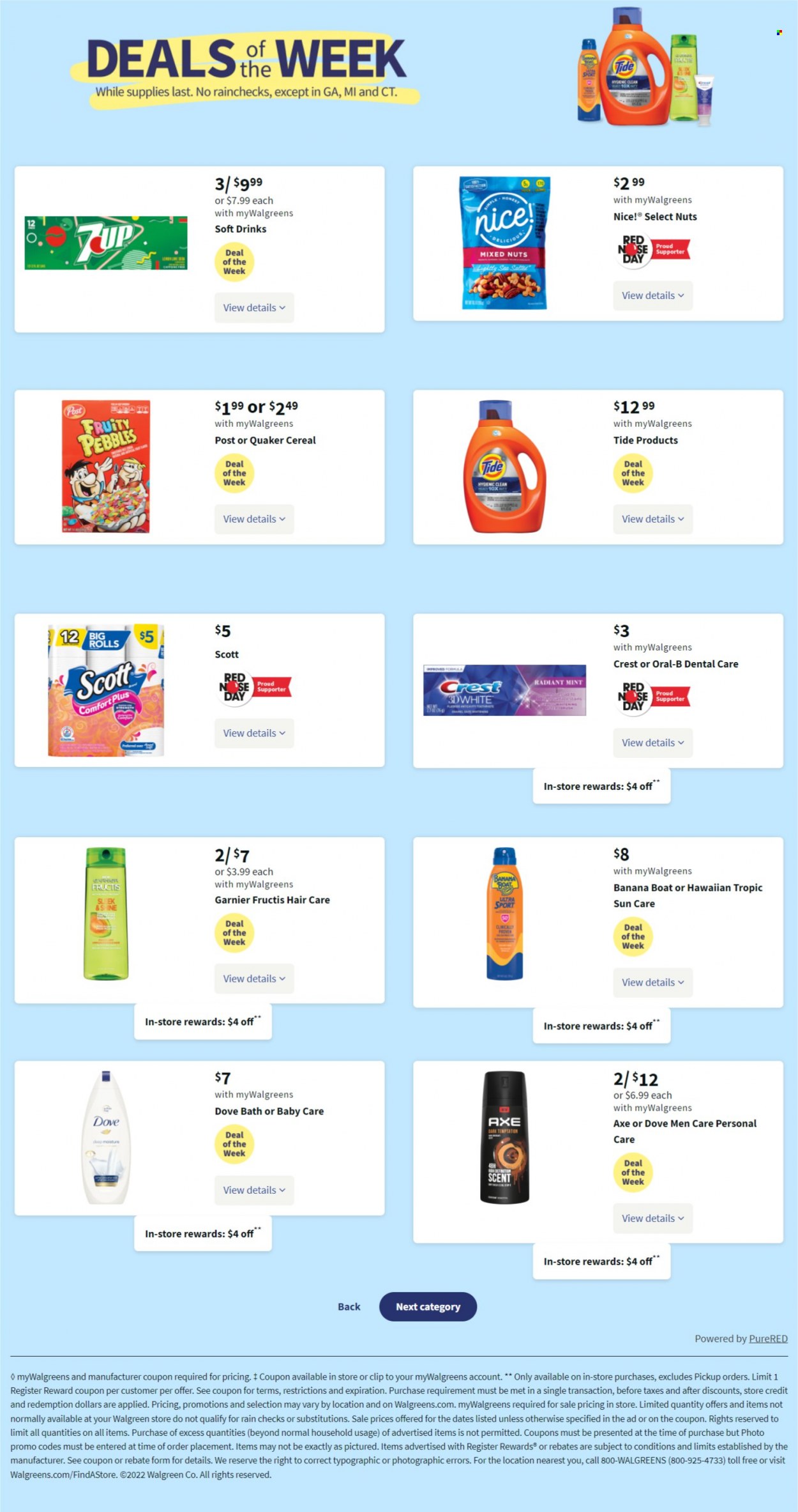 thumbnail - Walgreens Flyer - 05/22/2022 - 05/28/2022 - Sales products - Scott, Quaker, Nice!, cereals, Fruity Pebbles, mixed nuts, soft drink, Tide, Dove, Oral-B, Crest, Garnier, Fructis, Axe. Page 2.