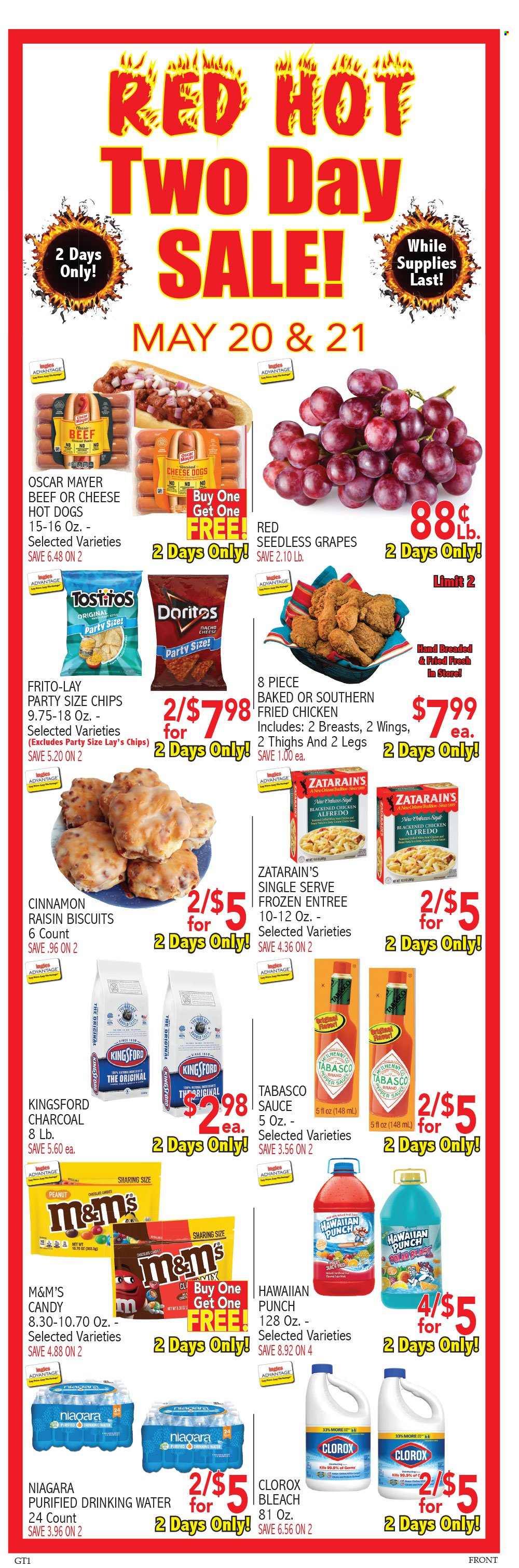 thumbnail - Ingles Flyer - 05/18/2022 - 05/24/2022 - Sales products - cake, grapes, seedless grapes, sauce, fried chicken, Oscar Mayer, M&M's, biscuit, Doritos, Lay’s, Frito-Lay, Tostitos, tabasco, fruit punch, bleach, Clorox. Page 5.