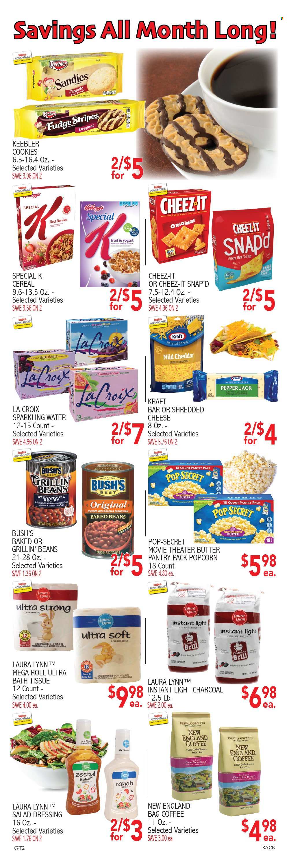 thumbnail - Ingles Flyer - 05/18/2022 - 05/24/2022 - Sales products - jalapeño, sauce, Kraft®, mild cheddar, shredded cheese, Pepper Jack cheese, yoghurt, butter, cookies, fudge, snack, crackers, Keebler, popcorn, Cheez-It, baked beans, cereals, salad dressing, steak sauce, dressing, sparkling water, coffee, steak, bath tissue, bag. Page 6.