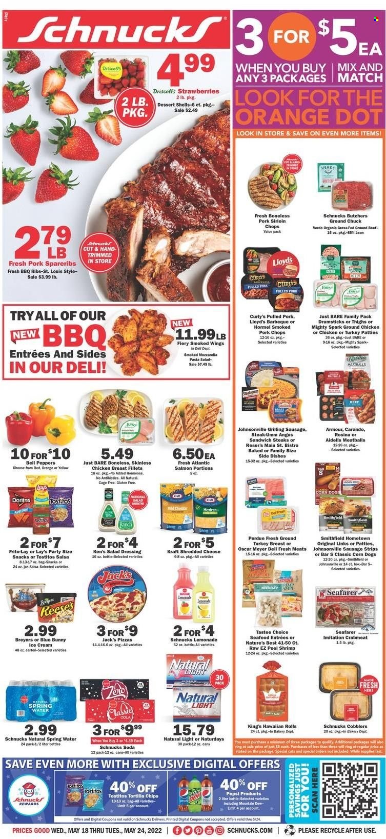 thumbnail - Schnucks Flyer - 05/18/2022 - 05/24/2022 - Sales products - hawaiian rolls, dessert shells, bell peppers, peppers, strawberries, oranges, crab meat, salmon, seafood, shrimps, pizza, meatballs, sandwich, pasta, Kraft®, pulled pork, Hormel, Johnsonville, sausage, pasta salad, shredded cheese, cage free eggs, ice cream, Reese's, Blue Bunny, strips, snack, Doritos, tortilla chips, chips, Lay’s, Frito-Lay, Tostitos, salad dressing, dressing, salsa, lemonade, spring water, soda, ground chicken, turkey breast, chicken breasts, beef meat, ground beef, ground chuck, steak, pork chops, pork loin, pork meat, pork spare ribs. Page 1.