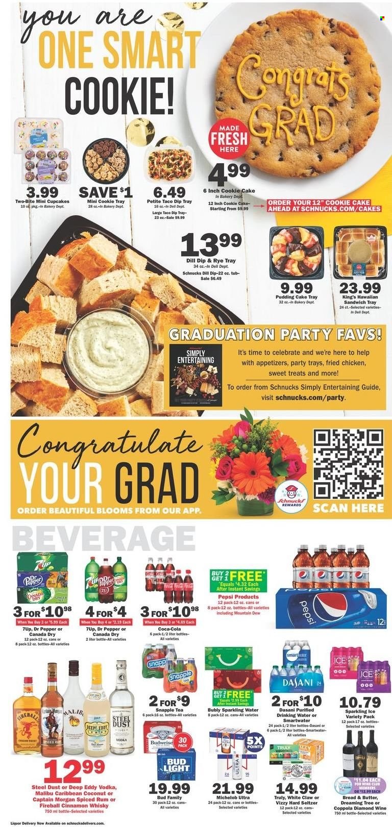 thumbnail - Schnucks Flyer - 05/18/2022 - 05/24/2022 - Sales products - cake, cupcake, coconut, sandwich, butter, dill, Canada Dry, Coca-Cola, Mountain Dew, Pepsi, Dr. Pepper, 7UP, Snapple, sparkling water, Smartwater, tea, wine, Captain Morgan, rum, spiced rum, vodka, Malibu, White Claw, Hard Seltzer, TRULY, cinnamon whisky, whisky, beer, Bud Light, Michelob. Page 3.