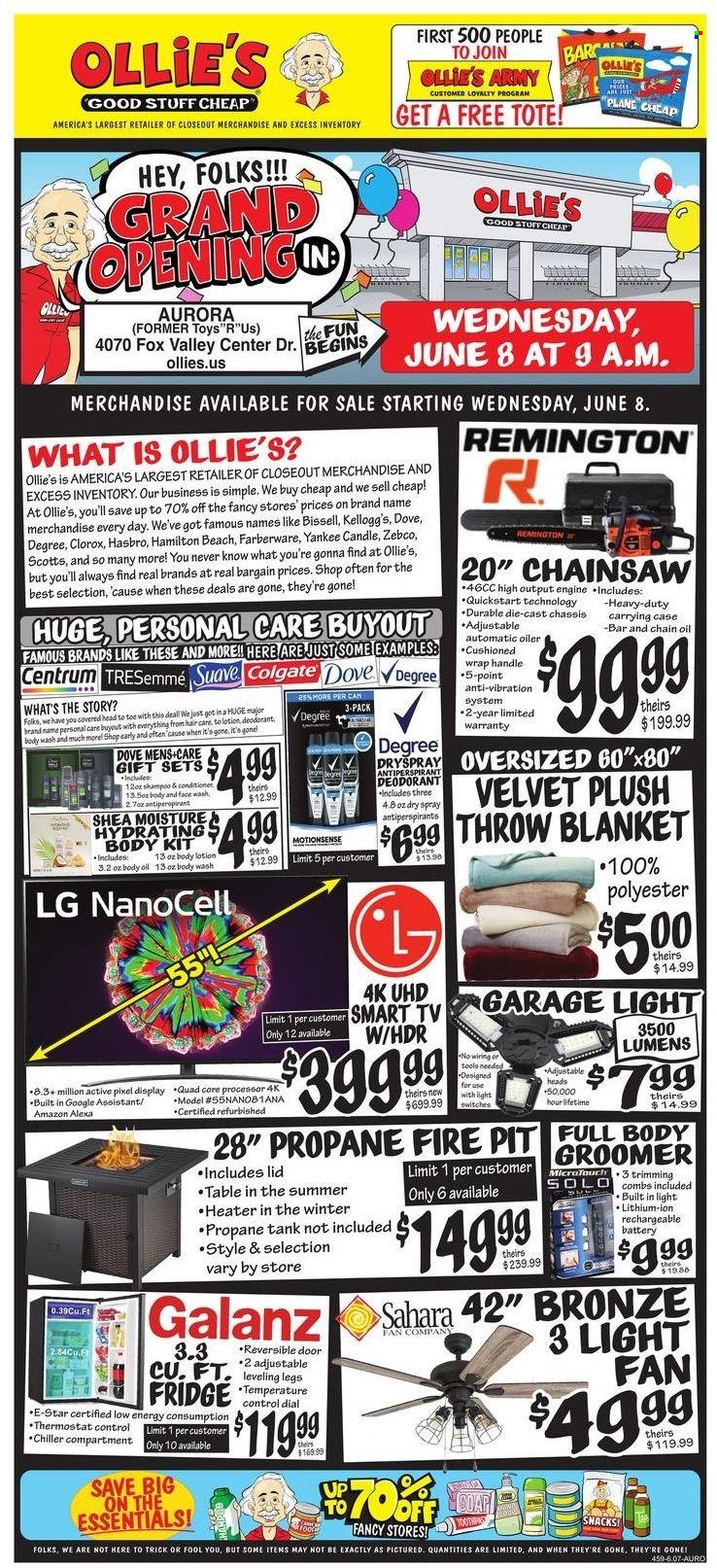 thumbnail - Ollie's Bargain Outlet Flyer - 06/08/2022 - 07/09/2022 - Sales products - Kellogg's, oil, body wash, Dove, shampoo, Suave, face gel, Dial, Colgate, lid, candle, Yankee Candle, rechargeable battery, blanket, tank, LG, Bissell, tote, Hasbro, toys. Page 1.