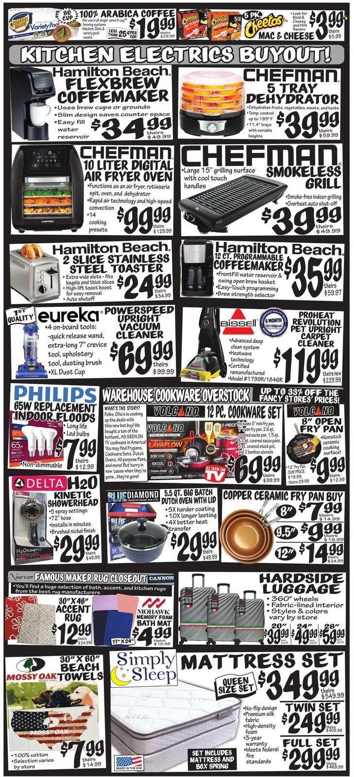 thumbnail - Ollie's Bargain Outlet Flyer - 06/08/2022 - 07/09/2022 - Sales products - coffee, cookware set, utensils, pot, pan, cup, stockpot, cast iron dutch oven, bulb, LED bulb, Philips, Chefman, Bissell, toaster, dehydrator, mattress, luggage, rug, cleaner. Page 2.