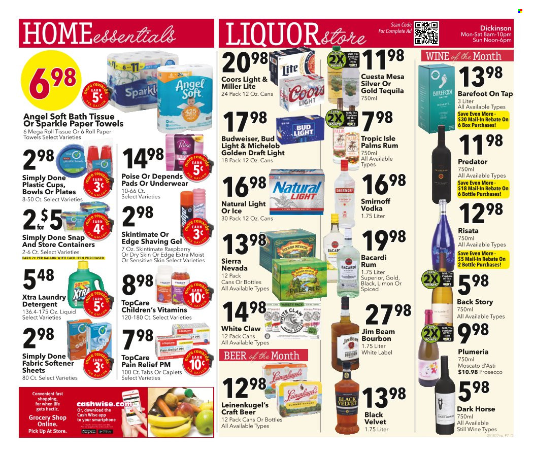 thumbnail - Cash Wise Flyer - 05/18/2022 - 05/24/2022 - Sales products - prosecco, wine, Moscato, Bacardi, bourbon, rum, Smirnoff, tequila, vodka, liquor, Jim Beam, White Claw, beer, Bud Light, Budweiser, Leinenkugel's, Miller Lite, Coors, Michelob. Page 7.
