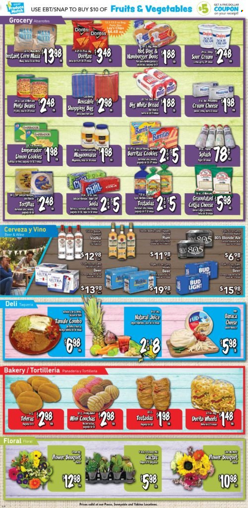 thumbnail - Fiesta Foods SuperMarkets Flyer - 05/18/2022 - 05/24/2022 - Sales products - bread, tortillas, white bread, tostadas, hot dog, cream cheese, cheese, sour cream, cookies, Doritos, chips, juice, soda, wine, rum, vodka, beer, Bud Light. Page 2.