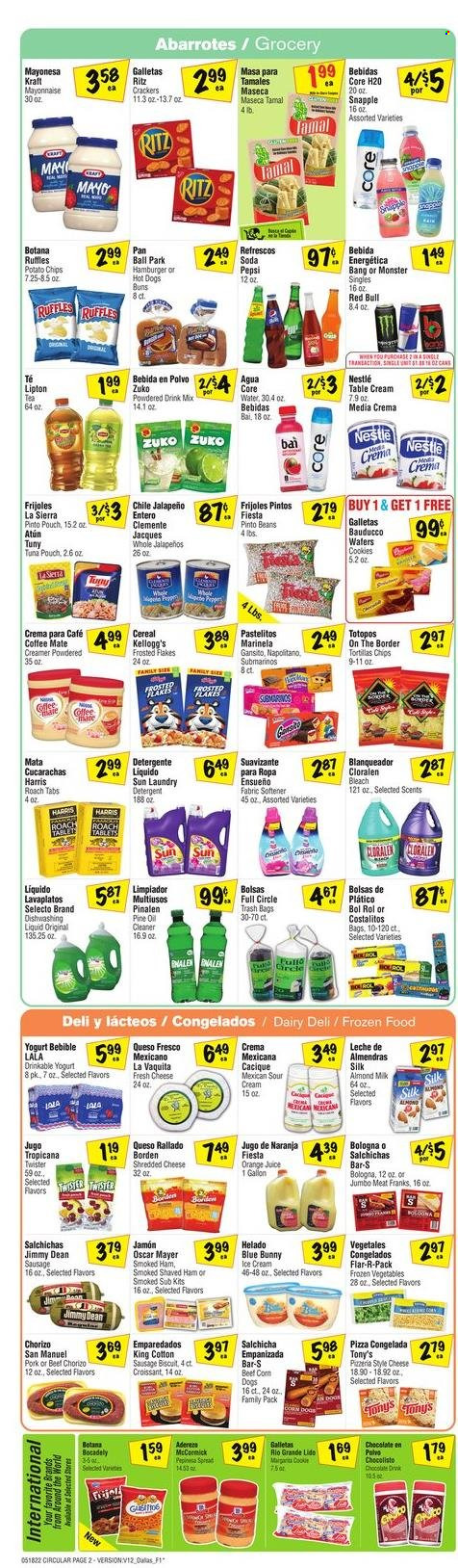 thumbnail - Fiesta Mart Flyer - 05/18/2022 - 05/24/2022 - Sales products - tortillas, croissant, buns, jalapeño, tuna, hot dog, pizza, hamburger, Kraft®, Jimmy Dean, ham, chorizo, smoked ham, bologna sausage, Oscar Mayer, sausage, shredded cheese, queso fresco, yoghurt, Coffee-Mate, sour cream, creamer, mayonnaise, Blue Bunny, frozen vegetables, cookies, Nestlé, chocolate, crackers, Kellogg's, biscuit, RITZ, potato chips, Mexicano, Ruffles, Harris, pinto beans, cereals, Frosted Flakes, oil, Pepsi, orange juice, juice, Monster, Lipton, Red Bull, Snapple, Bai, Tropicana Twister, soda, powder drink, tea, detergent, cleaner, bleach, fabric softener, laundry detergent, dishwashing liquid, trash bags. Page 2.
