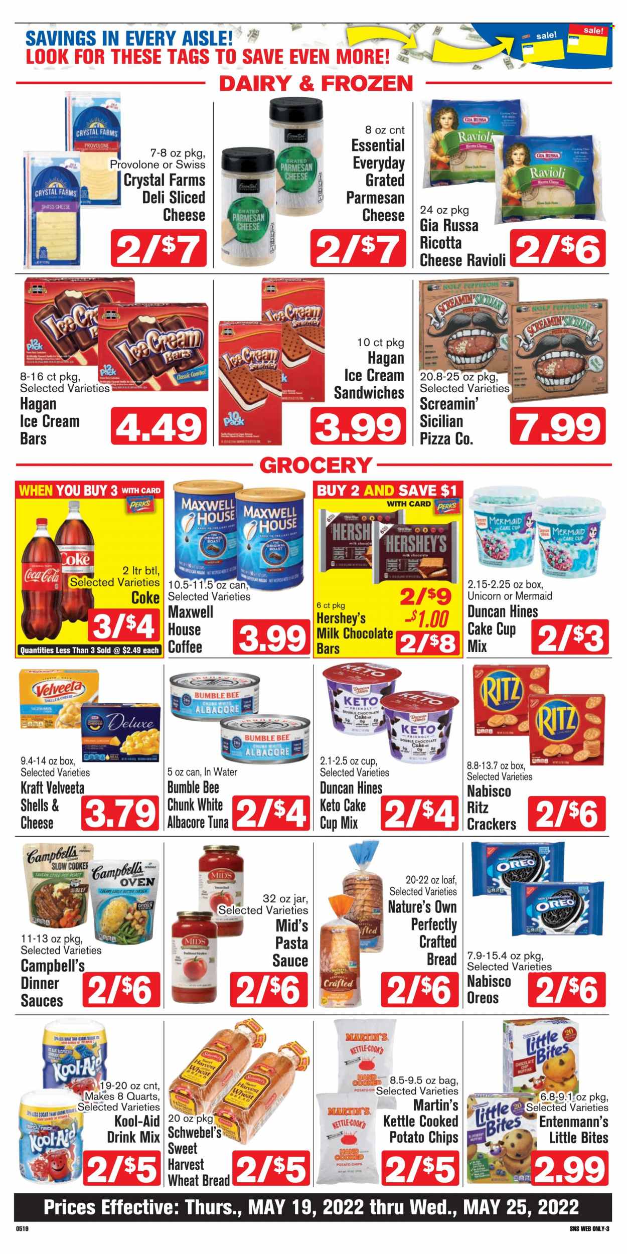 thumbnail - Shop ‘n Save Flyer - 05/19/2022 - 05/25/2022 - Sales products - wheat bread, cake, muffin, Entenmann's, chocolate cake, Campbell's, ravioli, pizza, pasta sauce, sandwich, Bumble Bee, Kraft®, ricotta, sliced cheese, swiss cheese, parmesan, Provolone, Oreo, butter, ice cream, ice cream bars, Hershey's, milk chocolate, crackers, Little Bites, RITZ, potato chips, Coca-Cola, Maxwell House, coffee, punch, Nature's Own. Page 5.