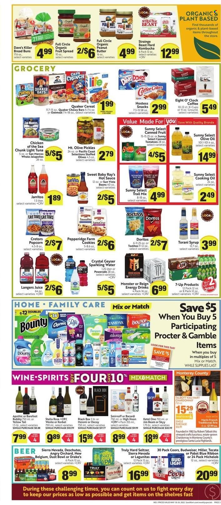 thumbnail - Save Mart Flyer - 05/18/2022 - 05/24/2022 - Sales products - bread, cake, buns, tomatoes, tuna, sauce, Quaker, brie, cookies, snack, Bounty, Santa, Doritos, popcorn, Tostitos, oatmeal, oats, pickles, olives, light tuna, Chicken of the Sea, canned fruit, cereals, hot sauce, olive oil, oil, cooking oil, peanut butter, syrup, trail mix, Powerade, energy drink, Monster, 7UP, sparkling water, kombucha, coffee capsules, K-Cups, white wine, Chardonnay, Bacardi, Smirnoff, SKYY, Jim Beam, Hard Seltzer, TRULY, beer, Bud Light, Miller, Pabst Blue Ribbon, Pampers, Bounce, clock, Budweiser, Coors, Michelob. Page 3.