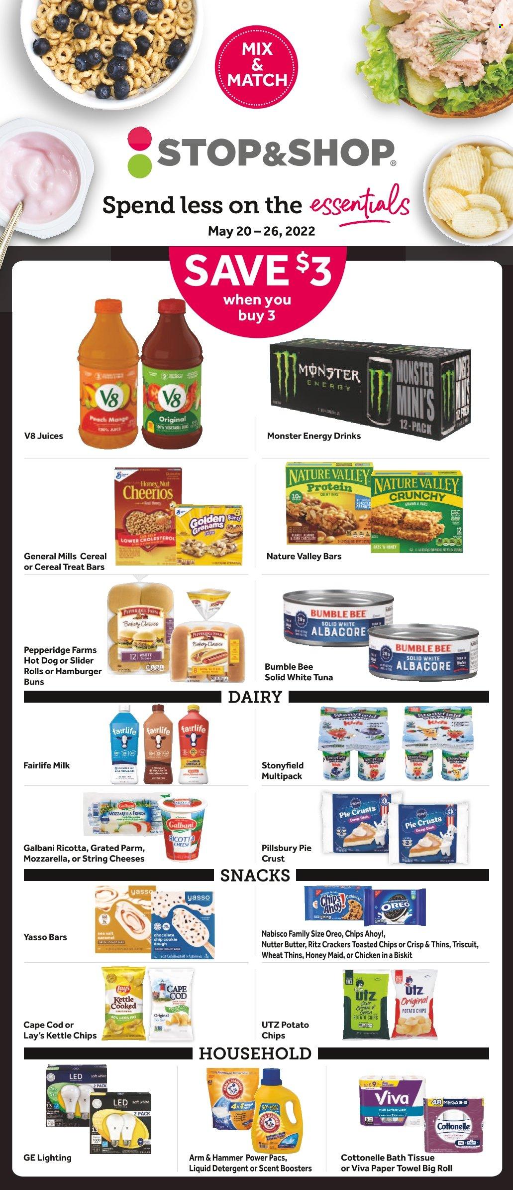 thumbnail - Stop & Shop Flyer - 05/20/2022 - 05/26/2022 - Sales products - buns, hamburger, cod, tuna, hot dog, Bumble Bee, Pillsbury, mozzarella, ricotta, cheese, Galbani, Oreo, milk, butter, chocolate, snack, crackers, Chips Ahoy!, RITZ, potato chips, chips, Lay’s, Thins, ARM & HAMMER, pie crust, granola, Cheerios, Honey Maid, Nature Valley, juice, energy drink, Monster, Monster Energy, bath tissue, Cottonelle, paper towels, liquid detergent, scent booster. Page 6.
