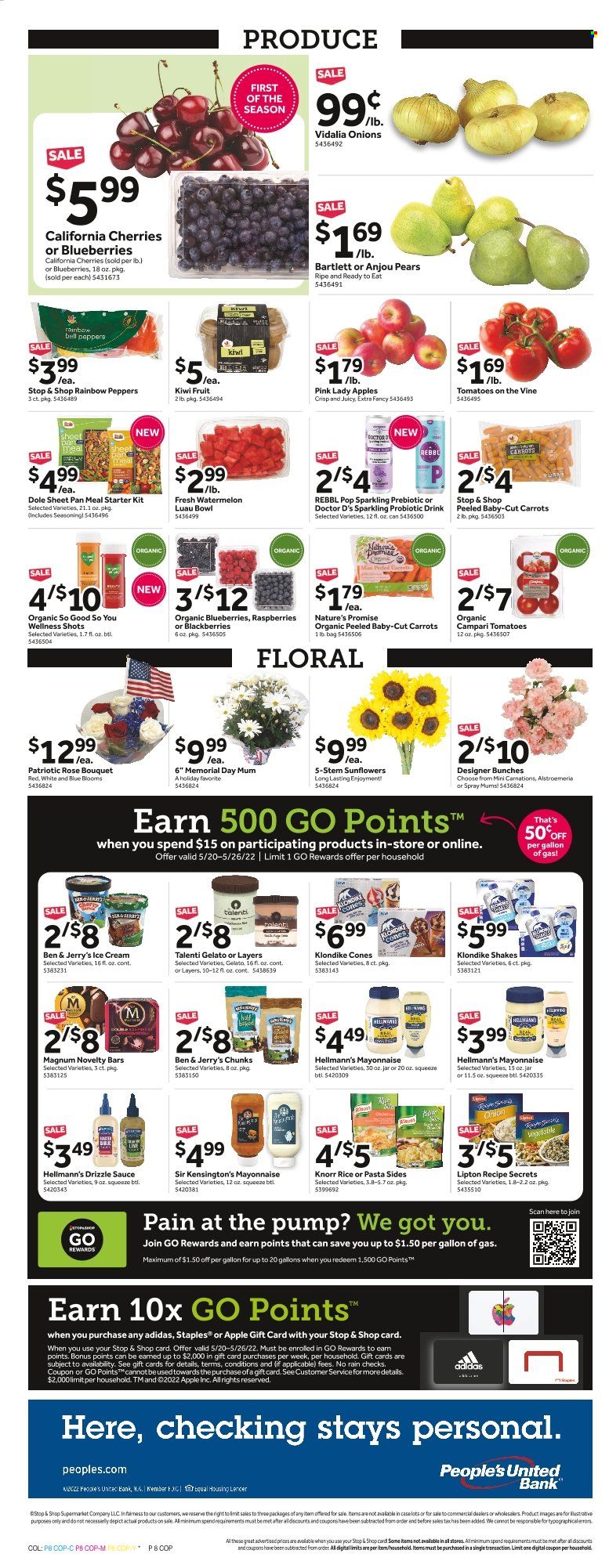 thumbnail - Stop & Shop Flyer - 05/20/2022 - 05/26/2022 - Sales products - Nature’s Promise, tomatoes, onion, Dole, blackberries, blueberries, kiwi, watermelon, pears, Knorr, sauce, pasta sides, shake, mayonnaise, Hellmann’s, ice cream, Ben & Jerry's, Talenti Gelato, gelato, Lipton, So Good So You, rosé wine, Adidas, Mum, bunches, bouquet, rose, Alstroemeria. Page 9.