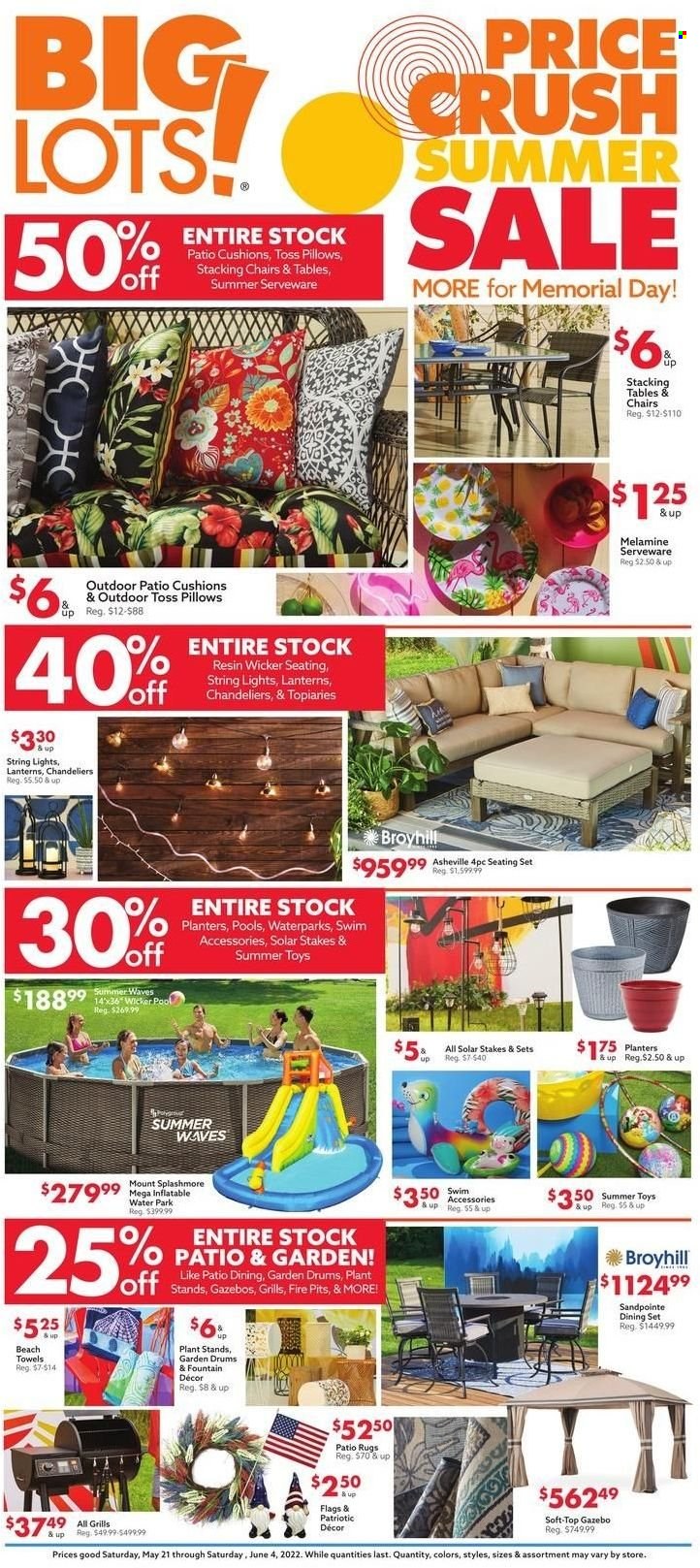 thumbnail - Big Lots Flyer - 05/21/2022 - 06/04/2022 - Sales products - dining set, table, chair, seating set, cushion, Planters, serveware, pillow, towel, toys, string lights, rug. Page 1.