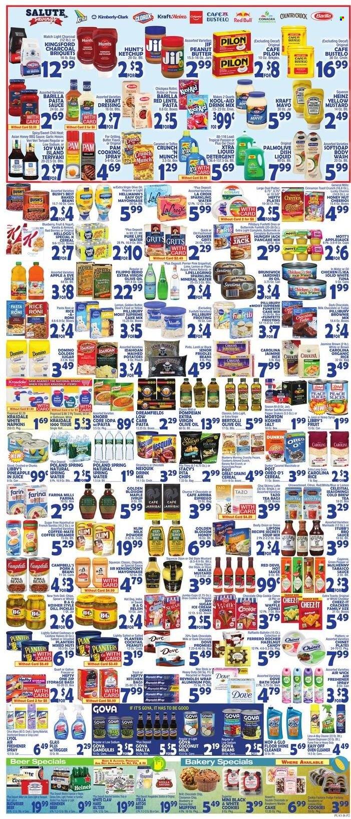 thumbnail - Bravo Supermarkets Flyer - 05/20/2022 - 05/26/2022 - Sales products - muffin, brownie mix, cake mix, garlic, pineapple, Mott's, sardines, tuna, mashed potatoes, hot dog, pasta sauce, soup mix, soup, Knorr, pancakes, Pillsbury, Barilla, Quaker, Kraft®, Bertolli, Oreo, Nesquik, Coffee-Mate, milk powder, Blossom, creamer, mayonnaise, Hellmann’s, ice cream, cookies, fudge, Ferrero Rocher, crackers, Kellogg's, dark chocolate, dill pickle, chips, Cheez-It, pita chips, frosting, tabasco, grits, coconut milk, Heinz, baked beans, Goya, cereals, Cheerios, rice, penne, dill, caramel, mustard, hoisin sauce, ketchup, dressing, marinade, cooking spray, extra virgin olive oil, olive oil, apple sauce, maple syrup, peanut butter, syrup, Jif, cashews, peanuts, mixed nuts, Planters, juice, Lipton, Red Bull, mineral water, spring water, sparkling water, San Pellegrino, tea bags, gin, White Claw, Hard Seltzer, beer, Heineken, napkins, Dove, tissues, detergent, cleaner, Lysol, Clorox, liquid detergent, XTRA, dishwashing liquid, body wash, Softsoap, Palmolive, soap, Hefty, Stella Artois. Page 3.