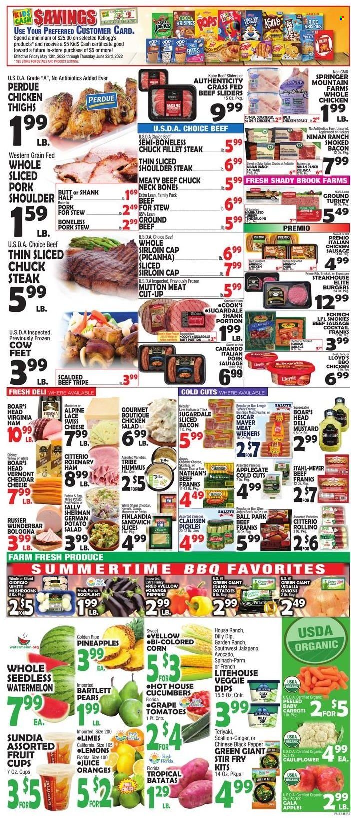 thumbnail - Bravo Supermarkets Flyer - 05/20/2022 - 05/26/2022 - Sales products - mushrooms, carrots, corn, cucumber, ginger, sweet potato, tomatoes, potatoes, onion, salad, peppers, jalapeño, eggplant, apples, avocado, Bartlett pears, Gala, limes, watermelon, pineapple, pears, oranges, fruit cup, sandwich, hamburger, Perdue®, Sugardale, bacon, ham, smoked ham, bologna sausage, virginia ham, Oscar Mayer, pork sausage, chicken sausage, hummus, potato salad, chicken salad, gouda, sandwich slices, swiss cheese, cheddar, cheese, Münster cheese, dip, Kellogg's, cocoa, pickles, Rice Krispies, rosemary, black pepper, mustard, juice, ground turkey, whole chicken, chicken breasts, chicken thighs, beef meat, beef tripe, steak, chuck steak, cap of rump, pork meat, pork shoulder, mutton meat, lemons. Page 5.