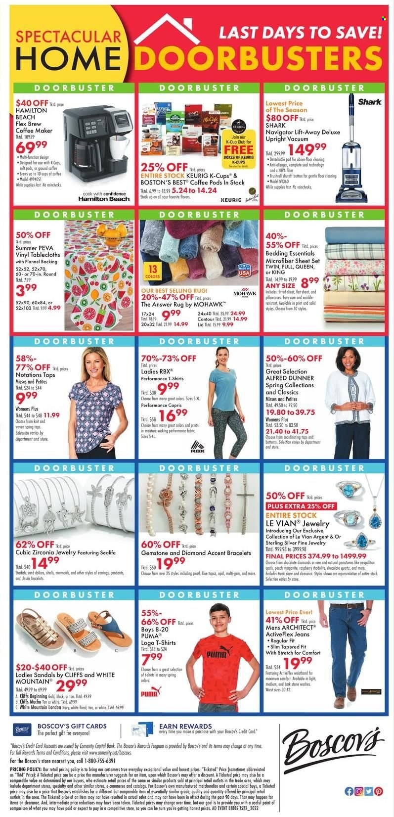 thumbnail - Boscov's Flyer - 05/19/2022 - 05/25/2022 - Sales products - sandals, Puma, RBX, chocolate, Sure, lid, tablecloth, bedding, coffee machine, Keurig, jeans, t-shirt, bracelet, jewelry, contour. Page 12.