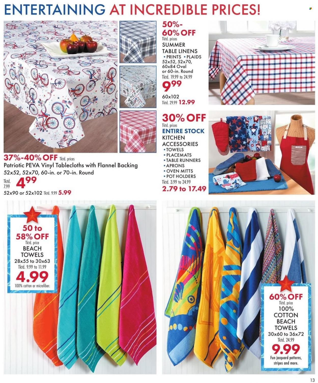 thumbnail - Boscov's Flyer - 05/19/2022 - 06/01/2022 - Sales products - pot, oven mitt, table runner, tablecloth, placemat, linens, beach towel, oven, table. Page 13.