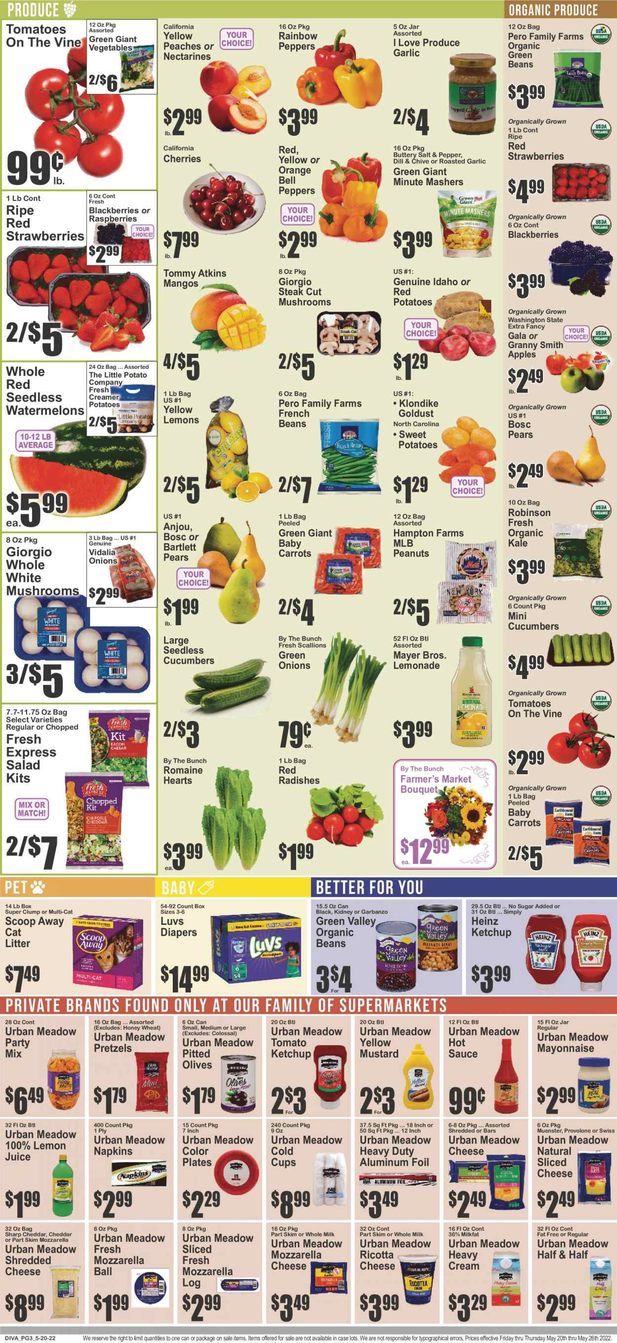 thumbnail - Key Food Flyer - 05/20/2022 - 05/26/2022 - Sales products - mushrooms, pretzels, beans, bell peppers, carrots, cucumber, french beans, green beans, radishes, sweet potato, tomatoes, kale, potatoes, salad, peppers, green onion, red potatoes, apples, Bartlett pears, blackberries, Gala, strawberries, cherries, pears, oranges, Granny Smith, sauce, mozzarella, ricotta, shredded cheese, sliced cheese, cheddar, Münster cheese, Provolone, milk, mayonnaise, Heinz, olives, dill, mustard, hot sauce, ketchup, peanuts, lemonade, lemon juice, steak, napkins, nappies, plate, cup, cat litter, bouquet, nectarines, Half and half, peaches. Page 3.