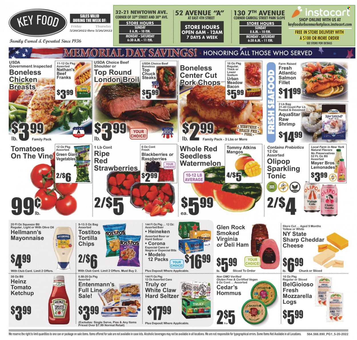 thumbnail - Key Food Flyer - 05/20/2022 - 05/26/2022 - Sales products - Entenmann's, tomatoes, blackberries, strawberries, watermelon, cherries, salmon, salmon fillet, seafood, shrimps, bacon, ham, hummus, mozzarella, cheese, mayonnaise, Hellmann’s, tortilla chips, chips, Tostitos, Heinz, ketchup, oil, tonic, White Claw, Hard Seltzer, TRULY, beer, Corona Extra, Heineken, Modelo, steak, pork chops, pork meat. Page 1.