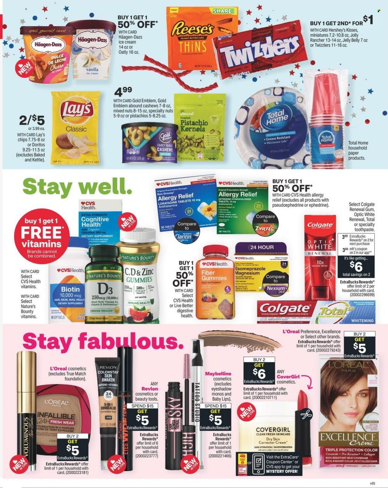 thumbnail - CVS Pharmacy Flyer - 05/22/2022 - 05/28/2022 - Sales products - ice cream, Reese's, Hershey's, Häagen-Dazs, peanut butter cups, Doritos, chips, Lay’s, Thins, cashews, pistachios, mixed nuts, Colgate, toothpaste, L’Oréal, Revlon, paper, Biotin, magnesium, Nature's Bounty, Zyrtec, Nexium, zinc, vitamin D3, allergy relief, dietary supplement, corrector, eyeshadow, Maybelline. Page 2.