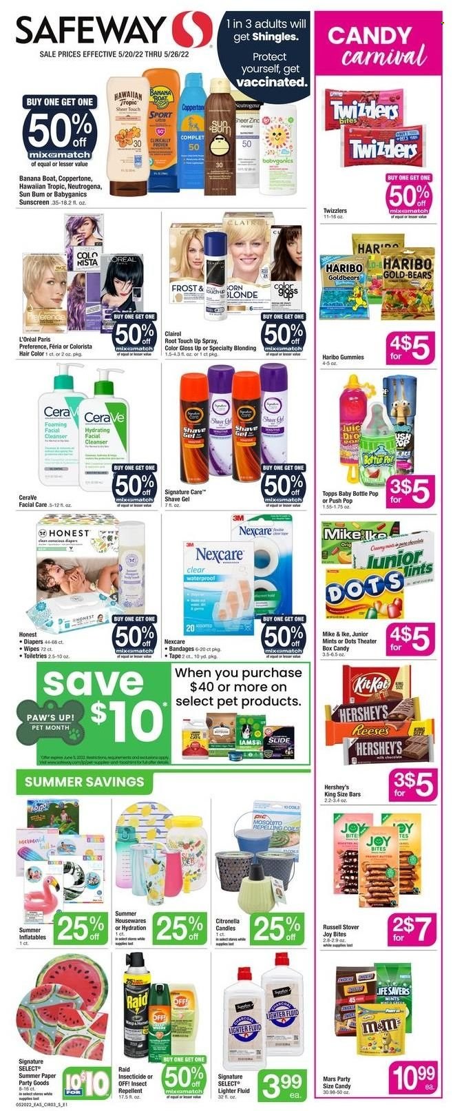 thumbnail - Safeway Flyer - 05/20/2022 - 05/26/2022 - Sales products - Reese's, Hershey's, Haribo, Mars, wipes, Joy, CeraVe, cleanser, L’Oréal, Neutrogena, Clairol, hair color, shave gel, paper, candle, Iams, boat, zinc. Page 6.