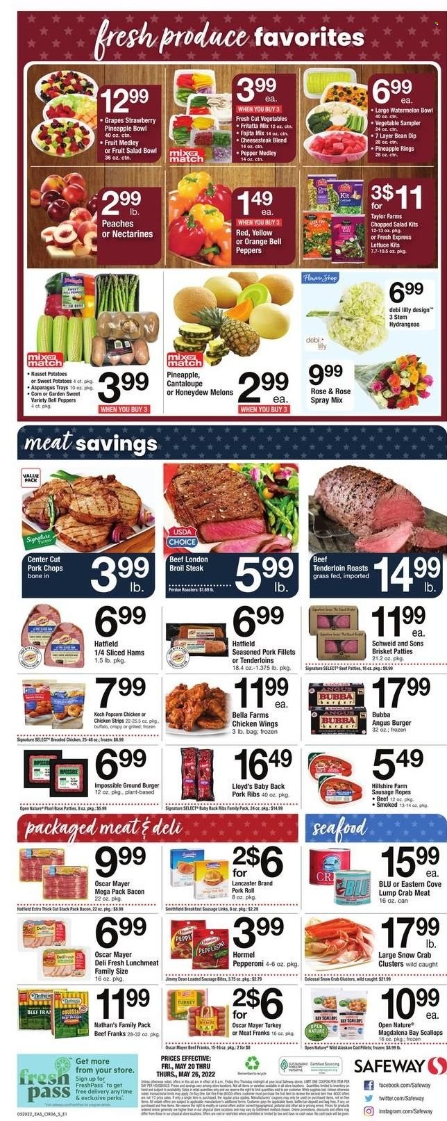 thumbnail - Safeway Flyer - 05/20/2022 - 05/26/2022 - Sales products - pie, asparagus, bell peppers, Bella, cantaloupe, russet potatoes, sweet potato, potatoes, peppers, chopped salad, grapes, watermelon, honeydew, pineapple, oranges, chicken wings, Perdue®, steak, hamburger, pork chops, pork meat, pork ribs, pork back ribs, cod, crab meat, scallops, crab, fried chicken, Jimmy Dean, Hormel, fajita mix, bacon, Hillshire Farm, Oscar Mayer, pepperoni, lunch meat, dip, strips, chicken strips, popcorn, fruit salad, wine, rosé wine, salad bowl, rose, nectarines, melons, peaches. Page 8.