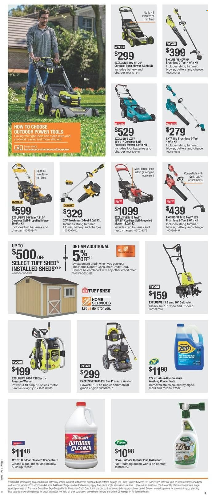 thumbnail - The Home Depot Flyer - 05/19/2022 - 05/30/2022 - Sales products - power tools, Ryobi, string trimmer, blower, electric pressure washer, pressure washer, shed. Page 5.