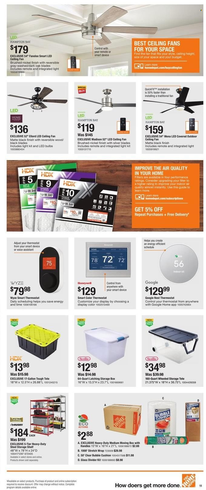 thumbnail - The Home Depot Flyer - 05/19/2022 - 05/30/2022 - Sales products - gallon, bulb, LED bulb, cushion, Honeywell, ceiling fan, shelves, storage tote. Page 11.