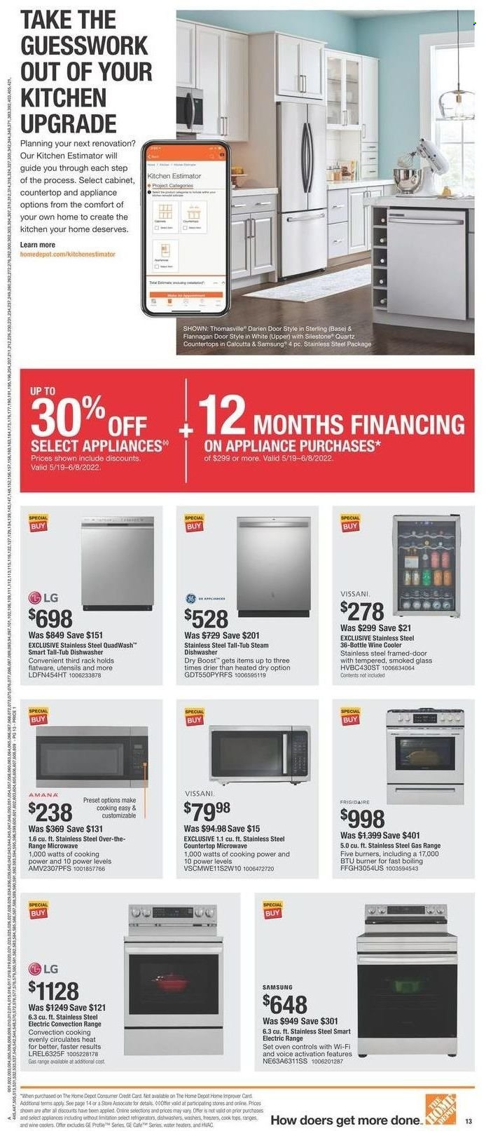 thumbnail - The Home Depot Flyer - 05/19/2022 - 05/30/2022 - Sales products - flatware, utensils, LG, Samsung, Amana, wine cooler, oven, electric range, electric convection range, microwave, dishwasher, washers, cabinet. Page 13.