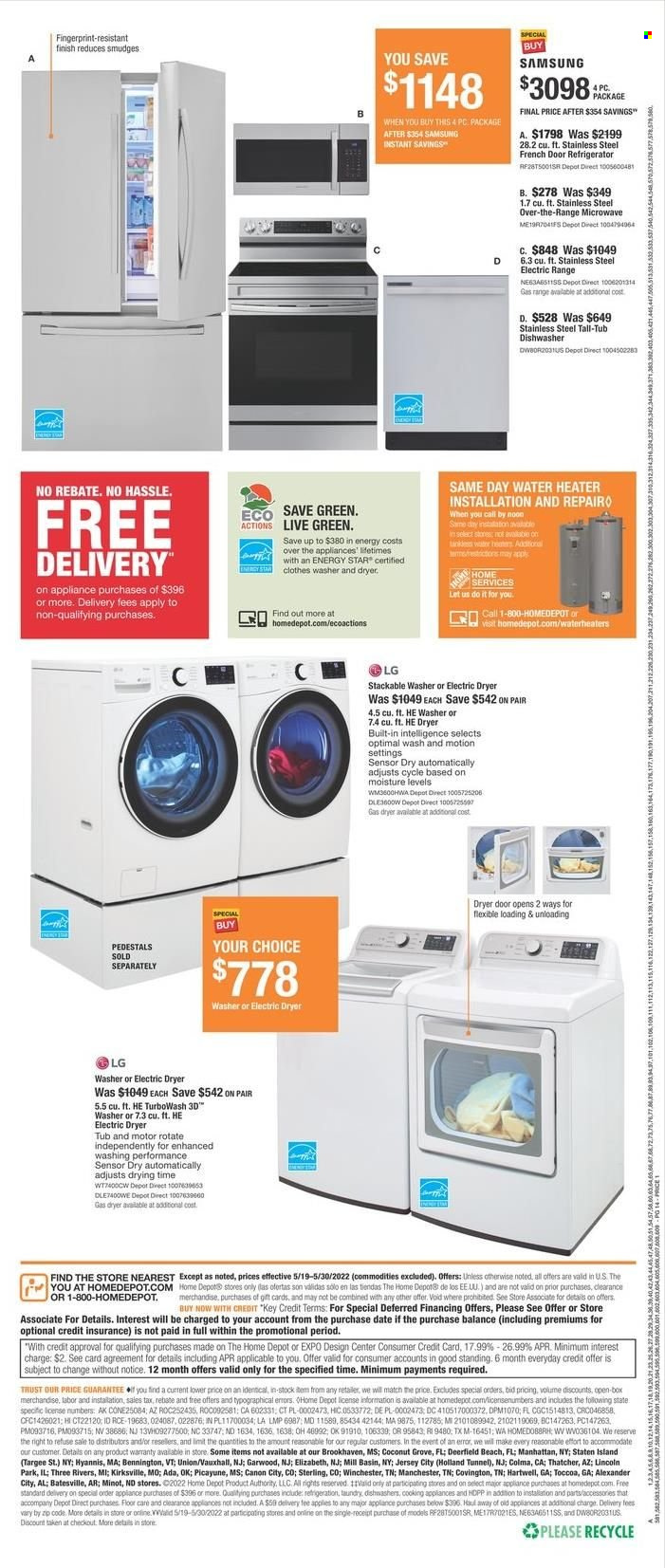 thumbnail - The Home Depot Flyer - 05/19/2022 - 05/30/2022 - Sales products - LG, Samsung, Canon, french door refrigerator, refrigerator, electric range, microwave, dishwasher, water heater, washer & dryer, washing machine, electric dryer. Page 14.