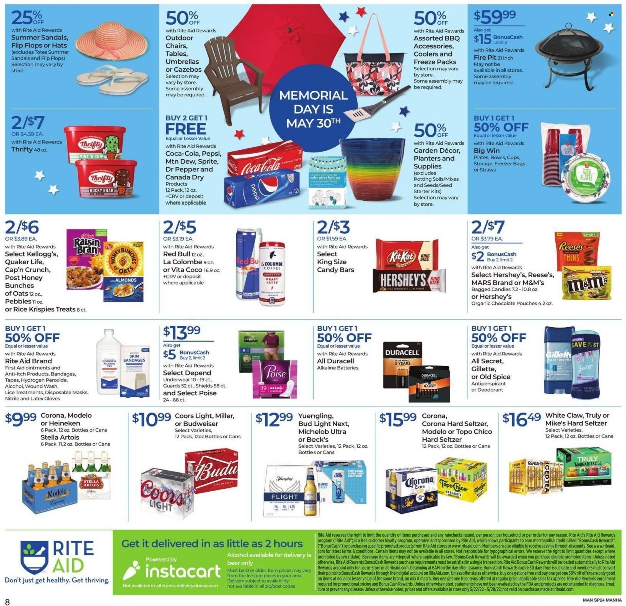 thumbnail - RITE AID Flyer - 05/22/2022 - 05/28/2022 - Sales products - sandals, flip flops, Quaker, Reese's, Hershey's, chocolate, Mars, KitKat, M&M's, Kellogg's, Thins, Rice Krispies, Cap'n Crunch, spice, honey, almonds, Planters, Canada Dry, Coca-Cola, Mountain Dew, Sprite, Pepsi, Dr. Pepper, Red Bull, coffee, alcohol, White Claw, Hard Seltzer, TRULY, beer, Bud Light, Corona Extra, Heineken, Miller, Beck's, Modelo, Old Spice, anti-perspirant, deodorant, Gillette, plate, cup, straw, freezer bag, Duracell, alkaline batteries, plant seeds, Optimum, tote, gloves, hat, bunches, latex gloves, Budweiser, Stella Artois, Coors, Yuengling, Michelob. Page 2.