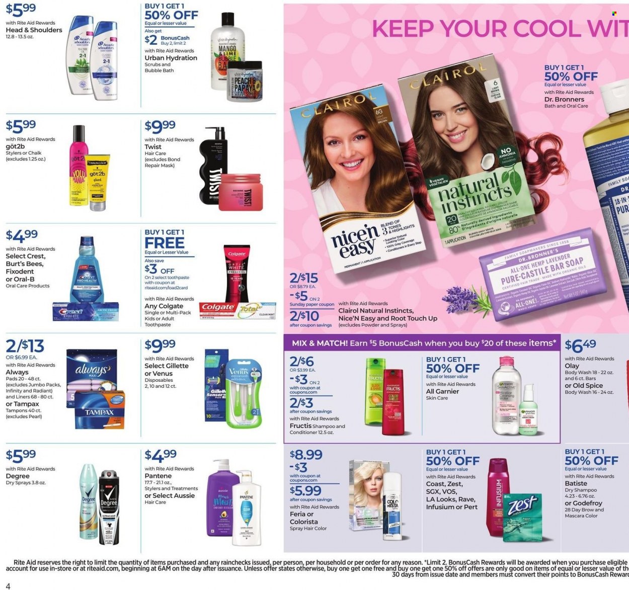 thumbnail - RITE AID Flyer - 05/22/2022 - 05/28/2022 - Sales products - sugar, spice, papaya, body wash, bubble bath, shampoo, Old Spice, soap bar, soap, Colgate, Oral-B, toothpaste, Fixodent, Crest, Tampax, Always pads, tampons, Garnier, Olay, Infinity, Aussie, Clairol, conditioner, Head & Shoulders, Pantene, hair color, VO5, Fructis, Gillette, Venus, mascara, pan. Page 6.