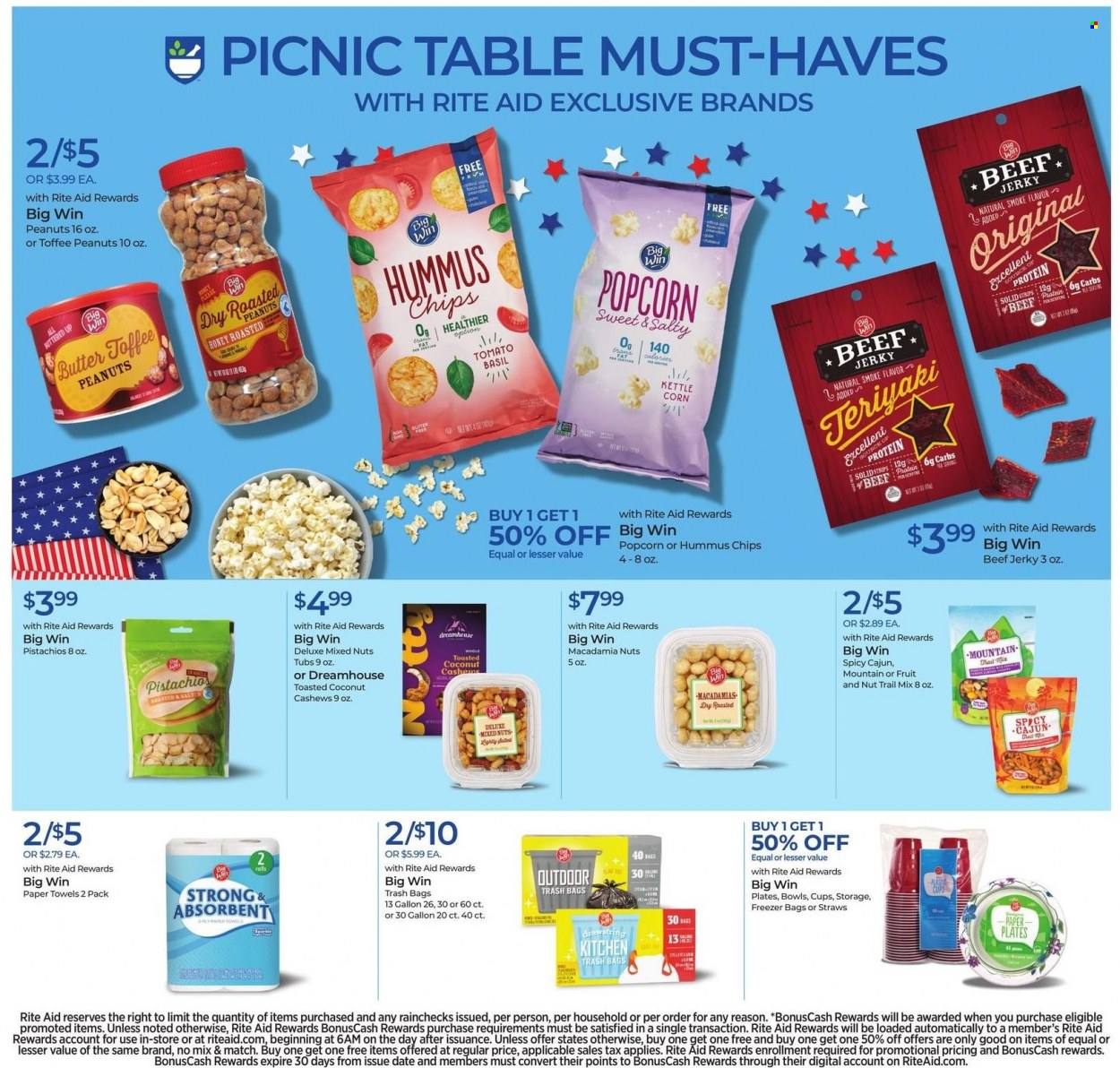 thumbnail - RITE AID Flyer - 05/22/2022 - 05/28/2022 - Sales products - beef jerky, jerky, kettle corn, chips, popcorn, esponja, honey, cashews, macadamia nuts, roasted peanuts, peanuts, pistachios, mixed nuts, trail mix, kitchen towels, paper towels, bag, trash bags, plate, cup, straw, freezer bag. Page 9.