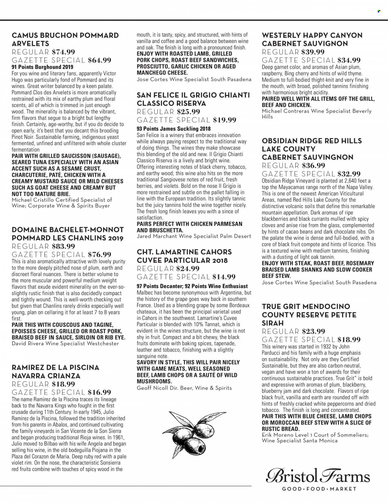 thumbnail - Bristol Farms Flyer - 05/01/2022 - 05/31/2022 - Sales products - mushrooms, bread, garlic, cherries, tuna, sandwich, bruschetta, prosciutto, sausage, blue cheese, goat cheese, Manchego, cheese, brie, yeast, chocolate, dark chocolate, compote, couscous, rosemary, cloves, mustard, mustard sauce, Classico, blueberry jam, fruit jam, coffee, Cabernet Sauvignon, Pinot Noir, Cuvée, beer, Purity, beef meat, steak, roast beef, pork chops, pork meat, lamb chops, lamb meat. Page 3.