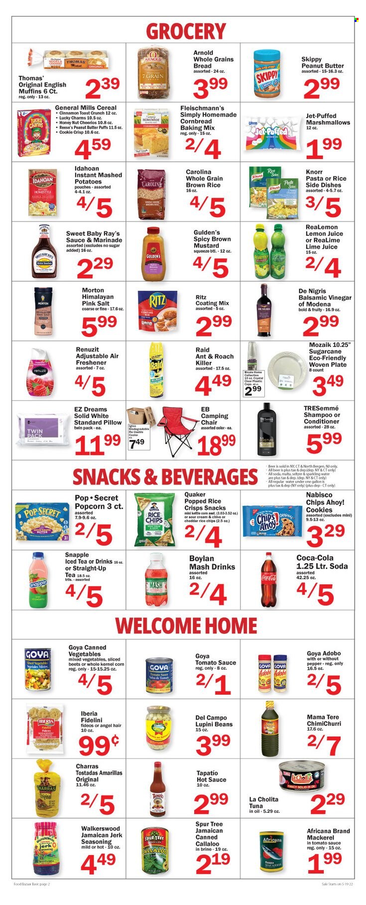 thumbnail - Food Bazaar Flyer - 05/19/2022 - 05/25/2022 - Sales products - bread, english muffins, corn bread, tostadas, puffs, beans, sugar cane, mackerel, tuna, Knorr, Quaker, cheese, Reese's, mixed vegetables, cookies, marshmallows, snack, Chips Ahoy!, RITZ, kettle corn, chips, popcorn, rice crisps, Goya, cereals, Cheerios, brown rice, rice, spice, cinnamon, adobo sauce, mustard, hot sauce, marinade, balsamic vinegar, peanut butter, Coca-Cola, ice tea, Snapple, seltzer water, soda, sparkling water, lemon juice, sake, beer. Page 2.