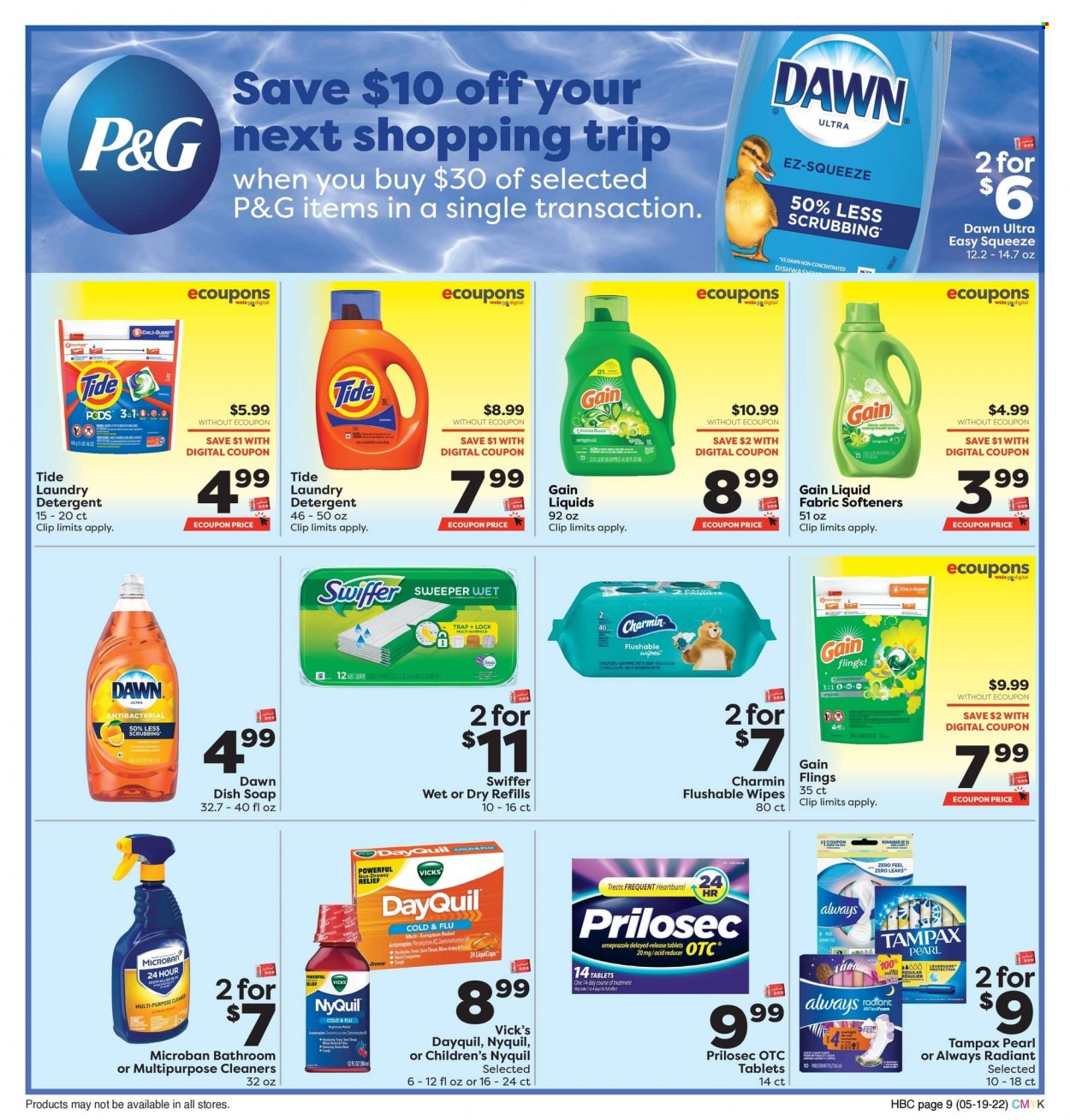 thumbnail - Weis Flyer - 05/19/2022 - 06/22/2022 - Sales products - Boost, wipes, Charmin, detergent, Gain, cleaner, Swiffer, Tide, fabric softener, laundry detergent, soap, Tampax, pin, DayQuil, Cold & Flu, NyQuil, Vicks. Page 9.