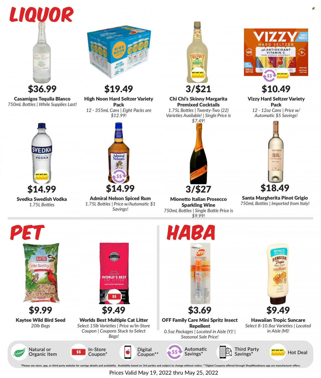 thumbnail - Woodman's Markets Flyer - 05/19/2022 - 05/25/2022 - Sales products - Santa, sparkling wine, white wine, prosecco, wine, Pinot Grigio, rum, spiced rum, tequila, vodka, Hard Seltzer, animal food, bird food, Kaytee. Page 6.