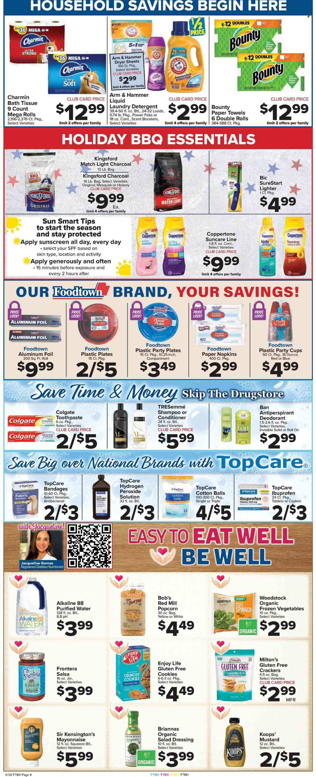 thumbnail - Foodtown Flyer - 05/20/2022 - 05/26/2022 - Sales products - spinach, mayonnaise, frozen vegetables, cookies, Bounty, crackers, popcorn, ARM & HAMMER, bicarbonate of soda, mustard, salad dressing, dressing, salsa, purified water, napkins, bath tissue, cotton balls, kitchen towels, paper towels, Charmin, detergent, laundry detergent, dryer sheets, scent booster, shampoo, Colgate, toothpaste, conditioner, TRESemmé, anti-perspirant, roll-on, deodorant, BIC, plate, cup, aluminium foil, Hama, plastic plate, party cups, Ibuprofen. Page 2.