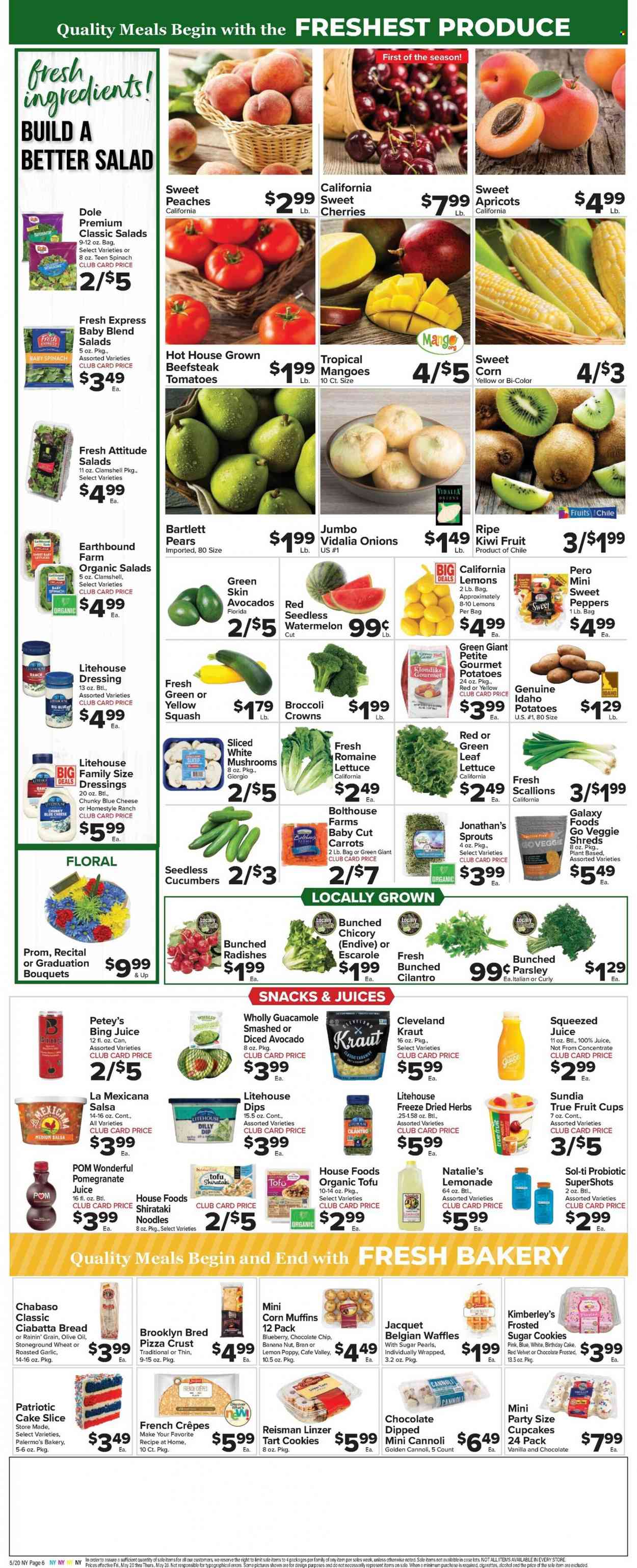 thumbnail - Foodtown Flyer - 05/20/2022 - 05/26/2022 - Sales products - ciabatta, cake, cupcake, muffin, waffles, corn, sweet peppers, potatoes, parsley, onion, Dole, yellow squash, Bartlett pears, kiwi, watermelon, cherries, pears, fruit cup, apricots, pizza, noodles, guacamole, tofu, cookies, snack, cilantro, dressing, salsa, olive oil, lemonade, juice, alcohol, beer, Sol, bouquet, endive, pomegranate, peaches. Page 8.