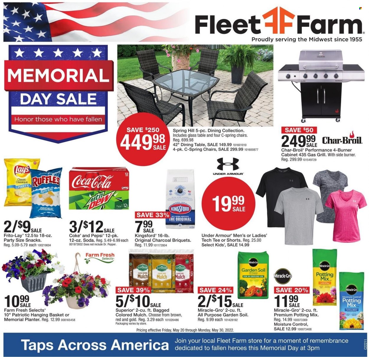 thumbnail - Fleet Farm Flyer - 05/20/2022 - 05/30/2022 - Sales products - Under Armour, snack, Lay’s, Frito-Lay, Ruffles, pepper, Coca-Cola, Pepsi, Dr. Pepper, soda, basket, Honor, shorts, t-shirt, chair, cabinet, table, gas grill, grill, briquettes, Kingsford, potting mix, garden soil, garden mulch. Page 1.