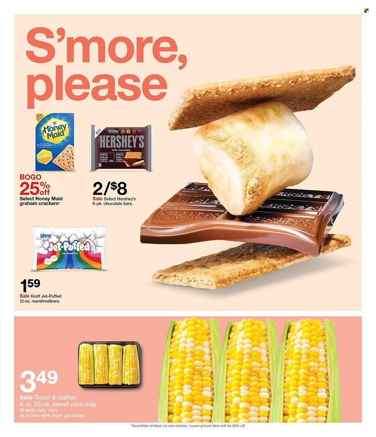 thumbnail - Target Flyer - 05/22/2022 - 05/28/2022 - Sales products - corn, sweet corn, Kraft®, Hershey's, graham crackers, marshmallows, crackers, chocolate bar, Honey Maid, Jet, tray. Page 3.
