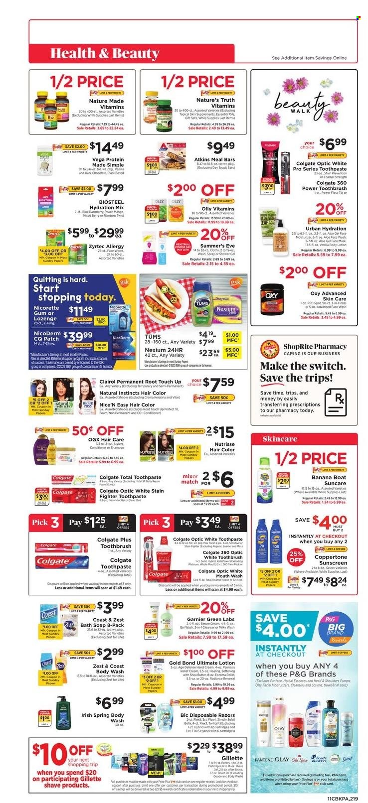 thumbnail - ShopRite Flyer - 05/22/2022 - 05/28/2022 - Sales products - chocolate, snack, dark chocolate, snack bar, spice, switch, wipes, body wash, shampoo, shower gel, Old Spice, face gel, soap, Colgate, toothbrush, toothpaste, cleanser, Garnier, moisturizer, serum, Olay, face mask, OGX, face wash, Clairol, conditioner, Head & Shoulders, Pantene, hair color, Herbal Essences, body lotion, shea butter, hand cream, anti-perspirant, deodorant, BIC, Gillette, disposable razor, Nature Made, Nature's Truth, NicoDerm, Nicorette, Zyrtec, Nexium. Page 11.