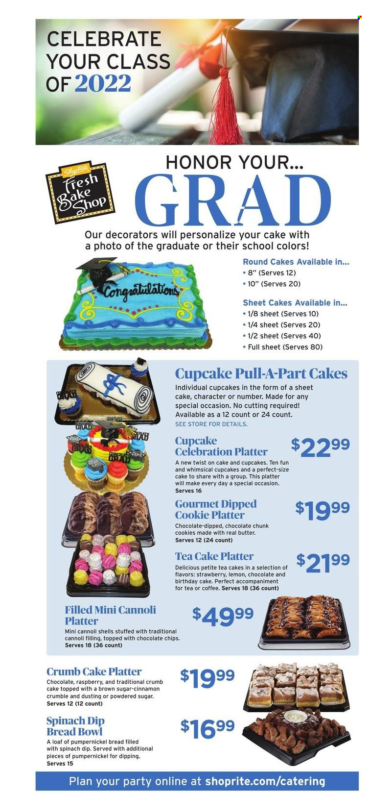 thumbnail - ShopRite Flyer - 05/22/2022 - 05/28/2022 - Sales products - bread, cake, cupcake, butter, spinach dip, cookies, Celebration, cane sugar, icing sugar, cinnamon, tea, bowl. Page 14.